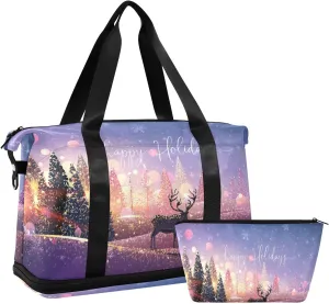 ALAZA Christmas Tree Elk Travel Duffel Bag for Women Men Sports Gym Bag with Shoe Compartment Tote Weekender Overnight Bag with Wet Pocket for Travel, Gym,Yoga,Swimming