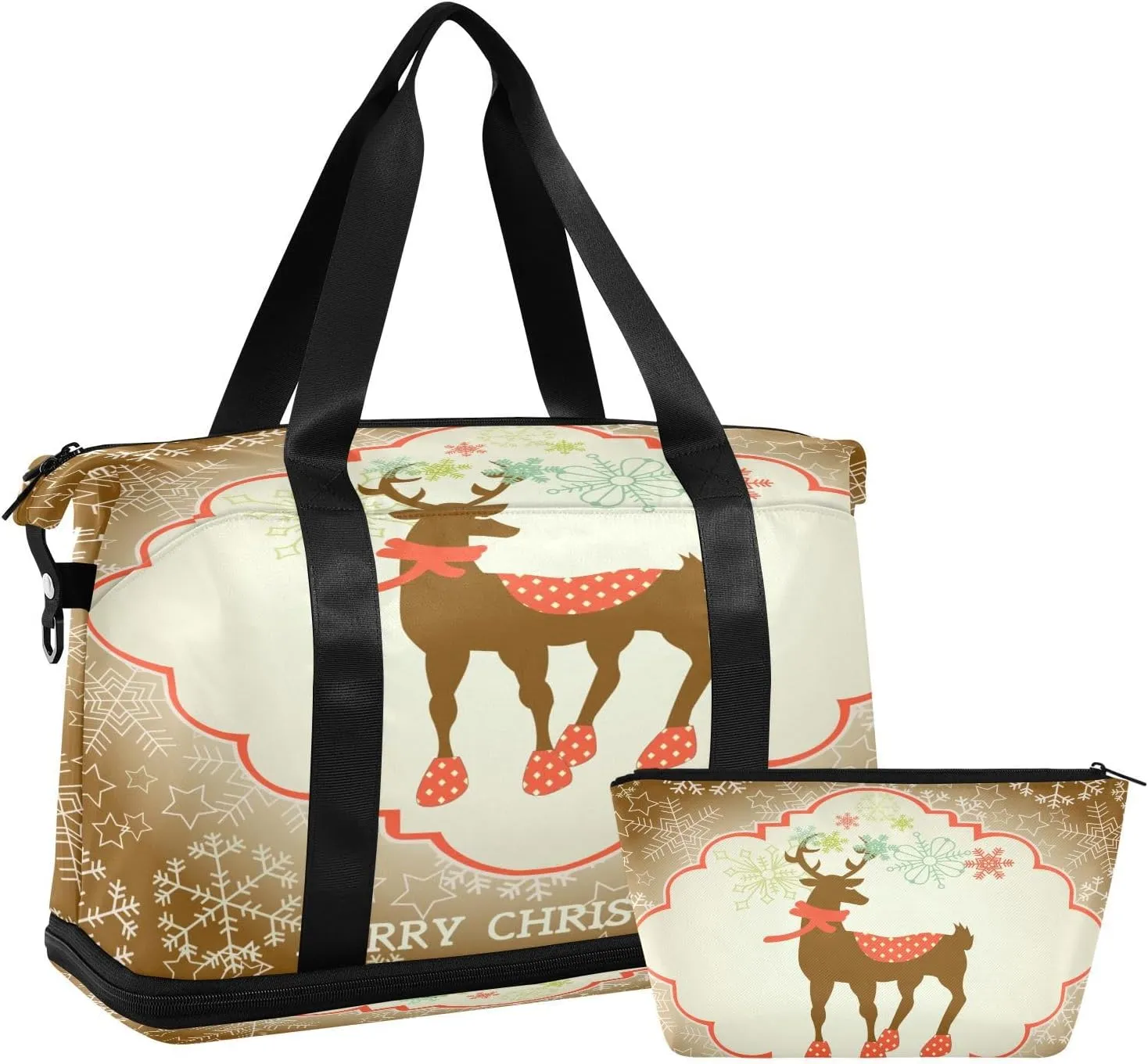 ALAZA Cute Reindeer and Snowflakes Travel Duffel Bag for Women Men Sports Gym Bag with Shoe Compartment Tote Weekender Overnight Bag with Wet Pocket for Travel, Gym,Yoga,Swimming