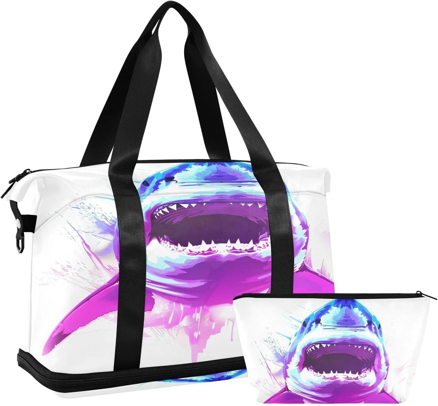 ALAZA Fantasy White Shark Watercolor Travel Duffel Bag for Women Men Sports Gym Bag with Shoe Compartment Tote Weekender Overnight Bag with Wet Pocket for Travel, Gym,Yoga,Swimming