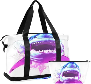 ALAZA Fantasy White Shark Watercolor Travel Duffel Bag for Women Men Sports Gym Bag with Shoe Compartment Tote Weekender Overnight Bag with Wet Pocket for Travel, Gym,Yoga,Swimming
