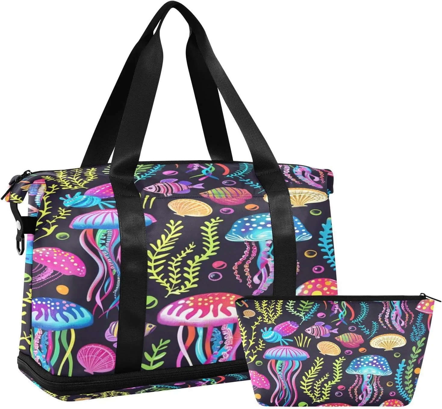 ALAZA Magic Ocean Jellyfish Travel Duffel Bag for Women Men Sports Gym Bag with Shoe Compartment Tote Weekender Overnight Bag with Wet Pocket for Travel, Gym,Yoga,Swimming