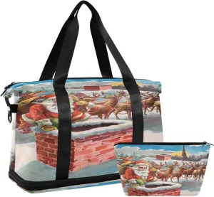ALAZA Santa Reindeer and Sleigh Christmas Travel Duffel Bag for Women Men Sports Gym Bag with Shoe Compartment Tote Weekender Overnight Bag with Wet Pocket for Travel, Gym,Yoga,Swimming