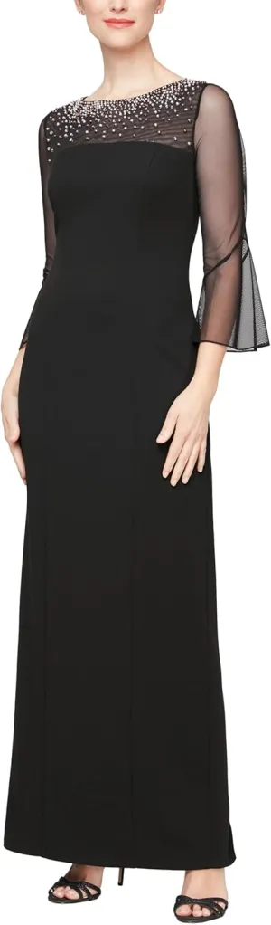 Alex Evenings Women's Long Shift Dress with Illusion Neckline (Petite and Regular Sizes)