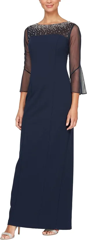 Alex Evenings Women's Long Shift Dress with Illusion Neckline (Petite and Regular Sizes)