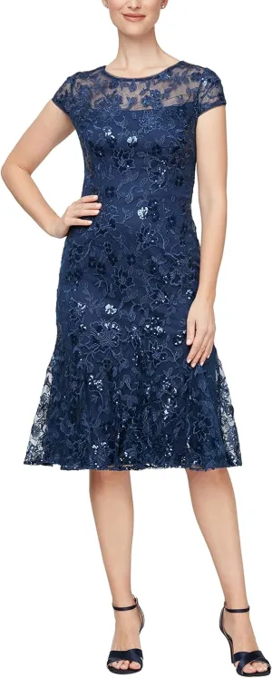 Alex Evenings Women's Tea Length Embroidered Cocktail Godets, Wedding Guest, Party Dress (Petite and Regular Sizes)