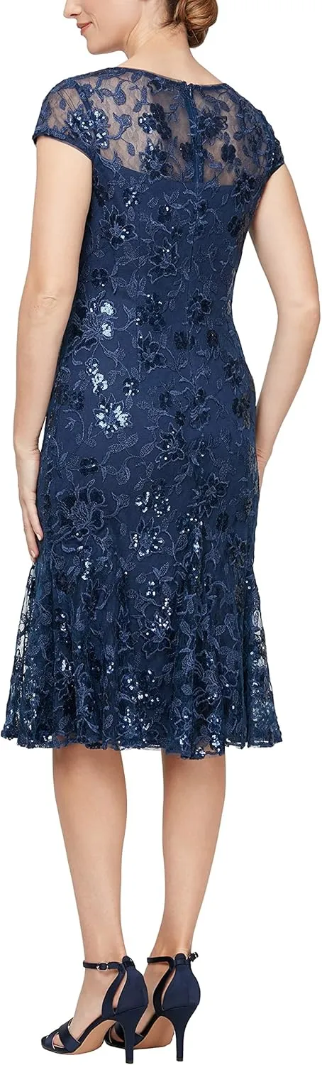 Alex Evenings Women's Tea Length Embroidered Cocktail Godets, Wedding Guest, Party Dress (Petite and Regular Sizes)