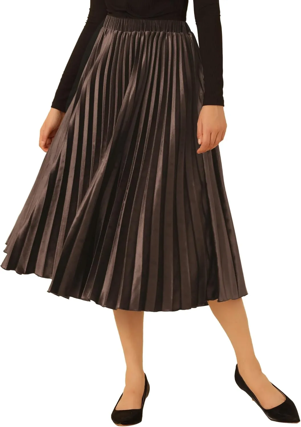Allegra K Women's Fall Winter Elastic High Waist Flowy Swing Party Christmas Velvet Pleated Midi Skirt