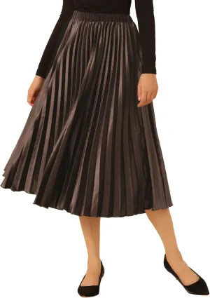 Allegra K Women's Fall Winter Elastic High Waist Flowy Swing Party Christmas Velvet Pleated Midi Skirt
