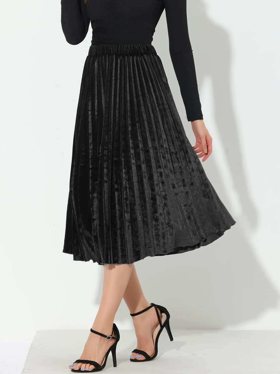 Allegra K Women's Fall Winter Elastic High Waist Flowy Swing Party Christmas Velvet Pleated Midi Skirt