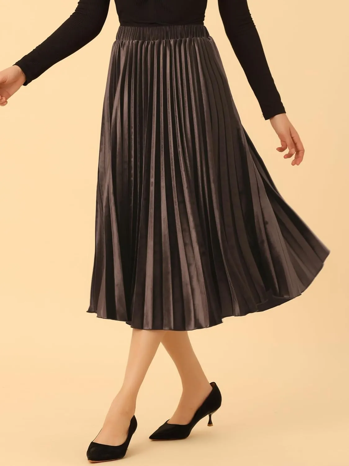 Allegra K Women's Fall Winter Elastic High Waist Flowy Swing Party Christmas Velvet Pleated Midi Skirt