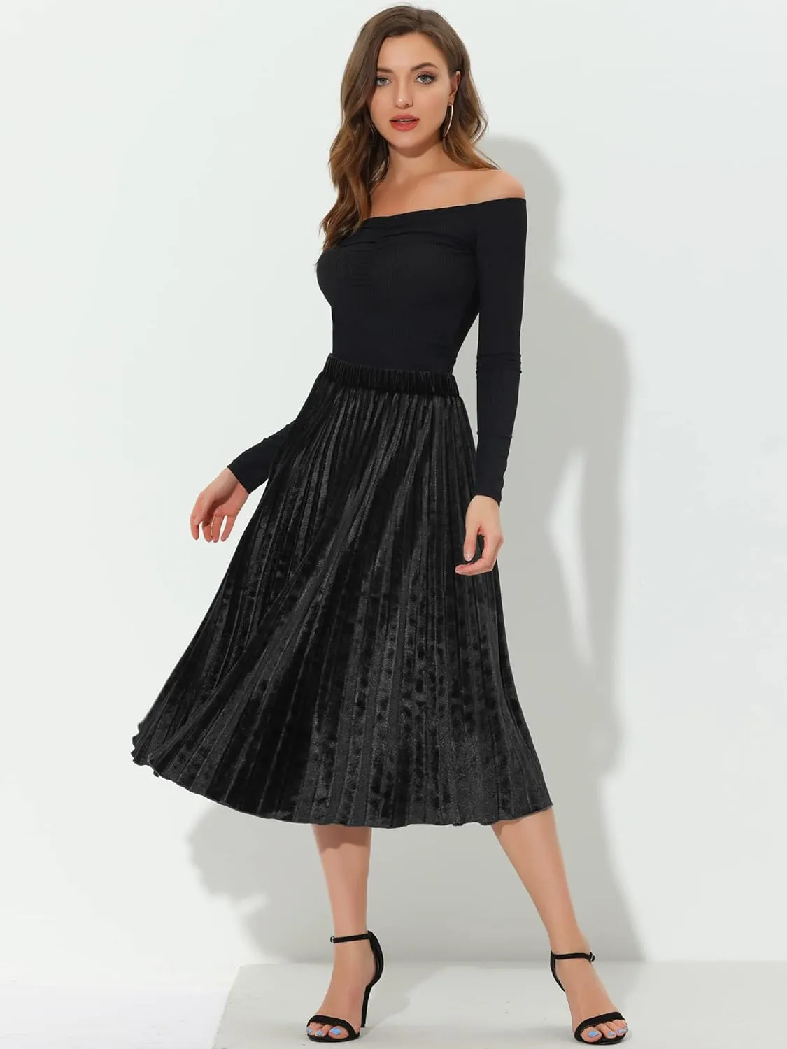 Allegra K Women's Fall Winter Elastic High Waist Flowy Swing Party Christmas Velvet Pleated Midi Skirt
