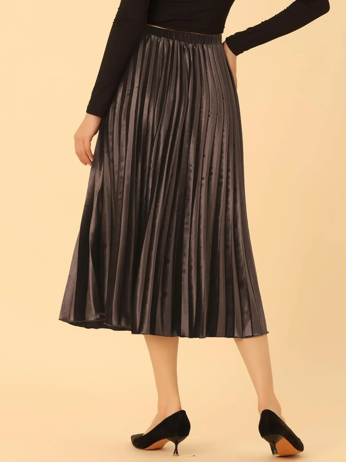 Allegra K Women's Fall Winter Elastic High Waist Flowy Swing Party Christmas Velvet Pleated Midi Skirt