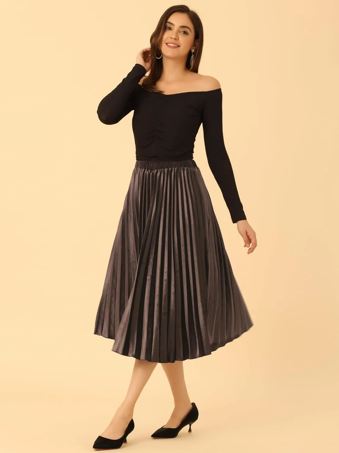 Allegra K Women's Fall Winter Elastic High Waist Flowy Swing Party Christmas Velvet Pleated Midi Skirt