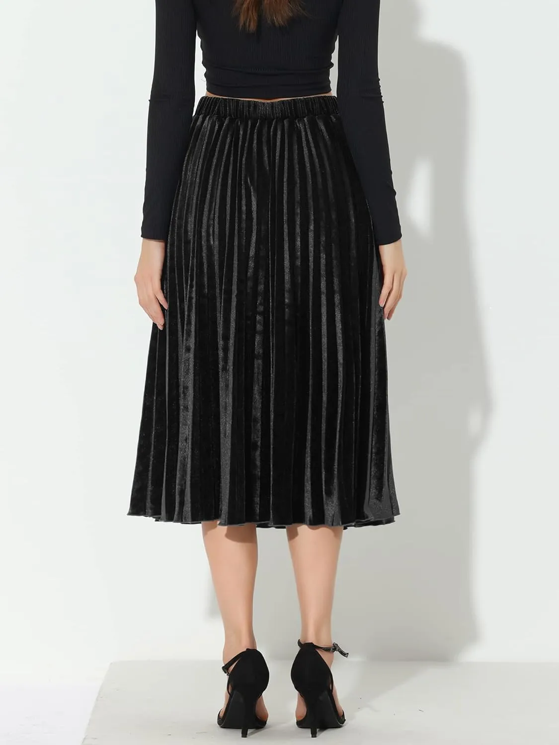 Allegra K Women's Fall Winter Elastic High Waist Flowy Swing Party Christmas Velvet Pleated Midi Skirt