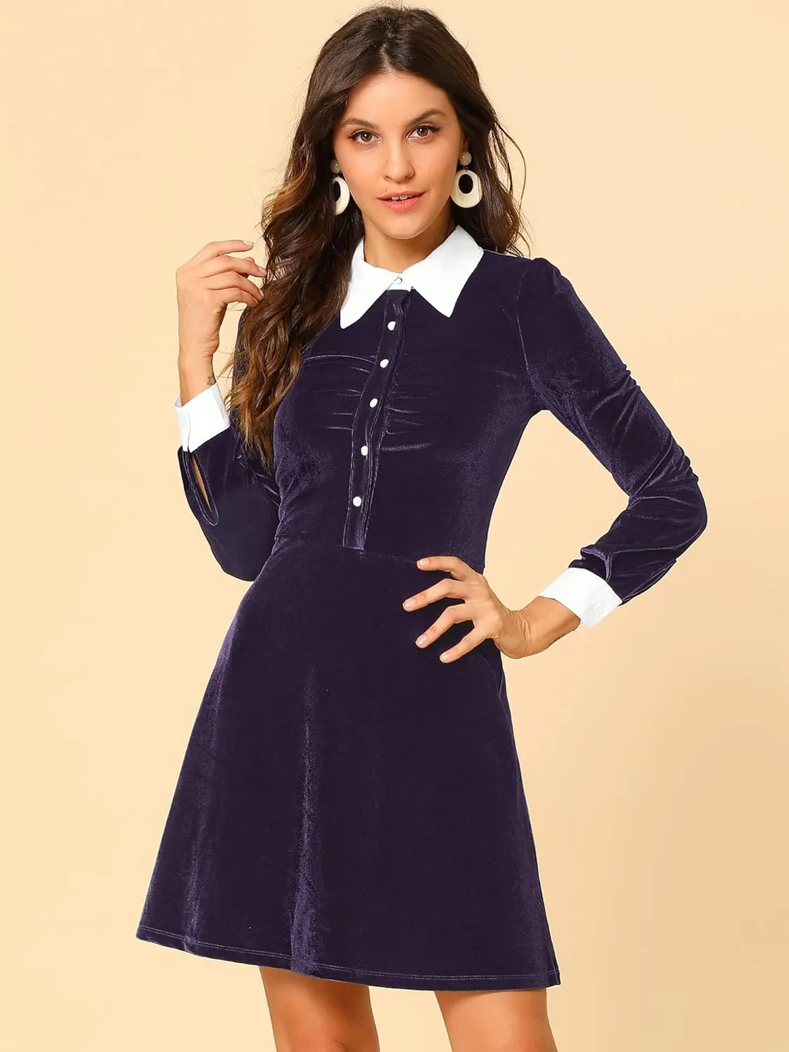 Allegra K Women's Halloween Velvet Long Sleeves Contrast Collar Casual Party A-Line Mini Dress