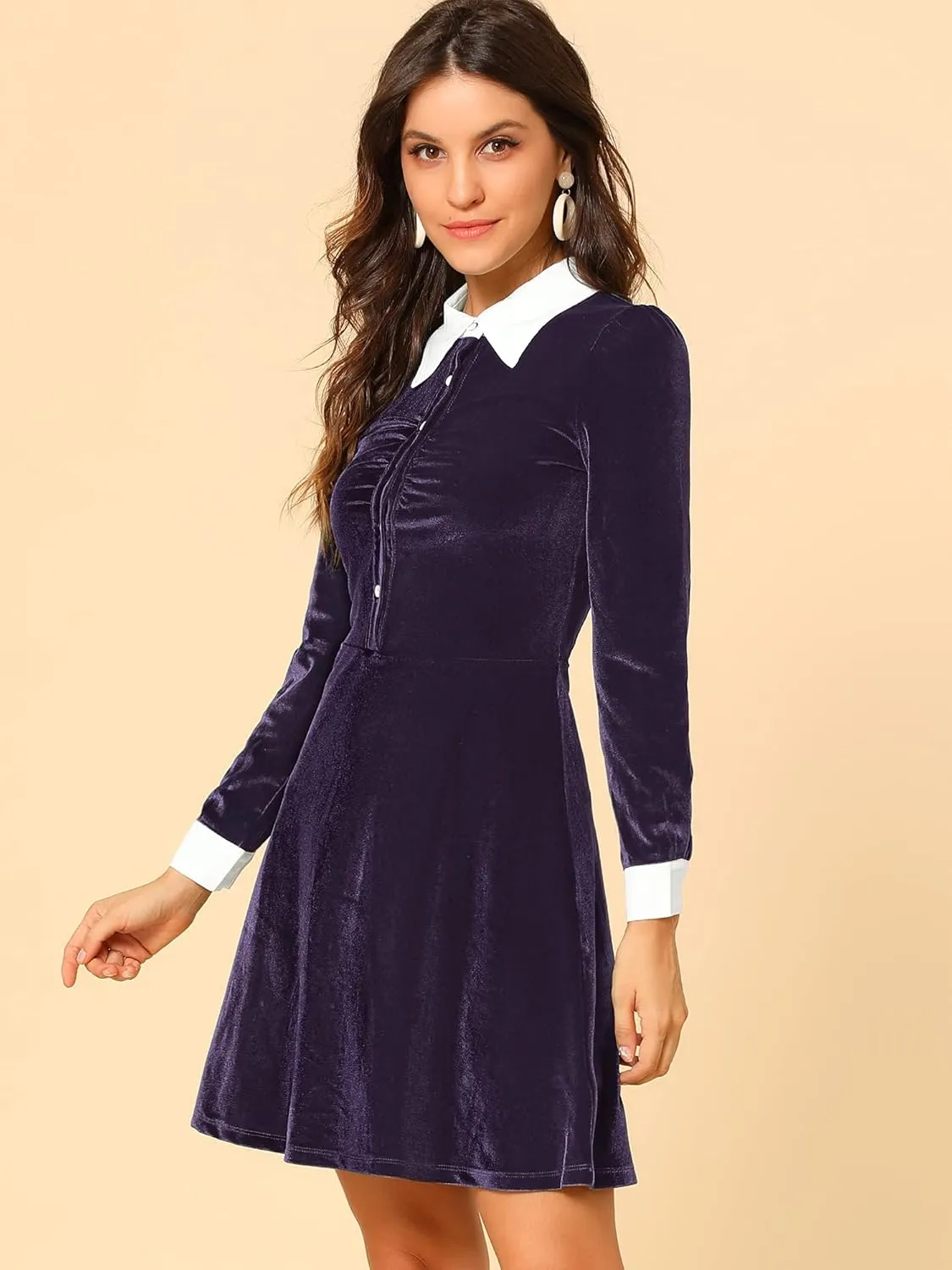 Allegra K Women's Halloween Velvet Long Sleeves Contrast Collar Casual Party A-Line Mini Dress