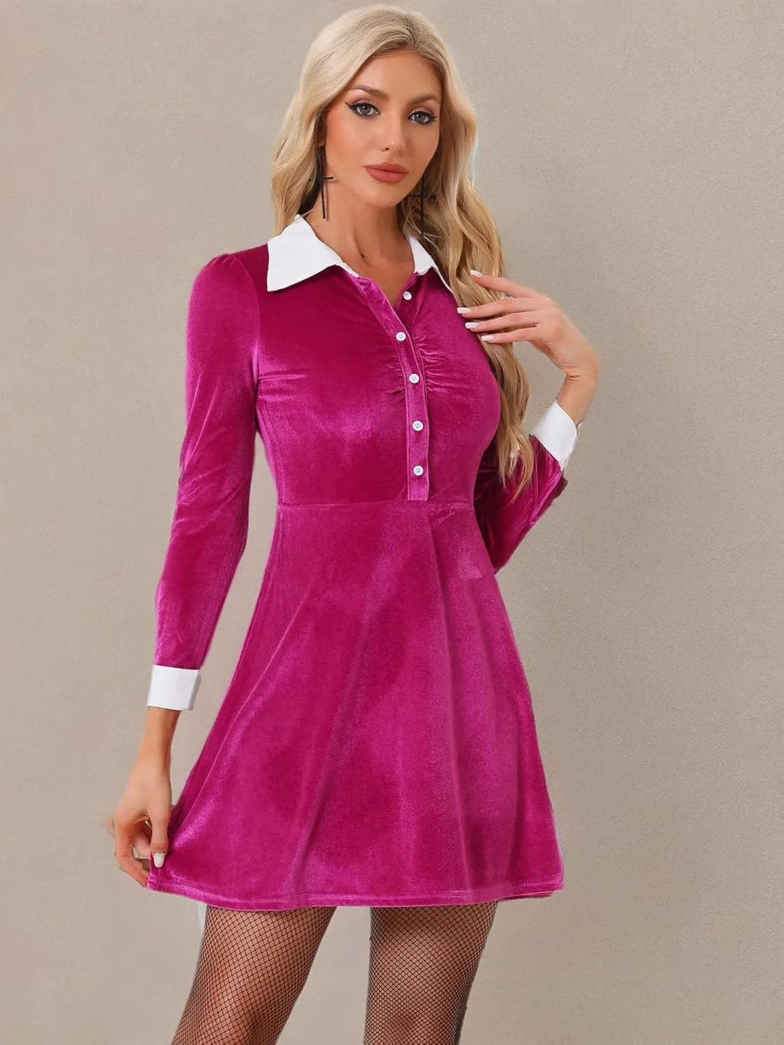 Allegra K Women's Halloween Velvet Long Sleeves Contrast Collar Casual Party A-Line Mini Dress
