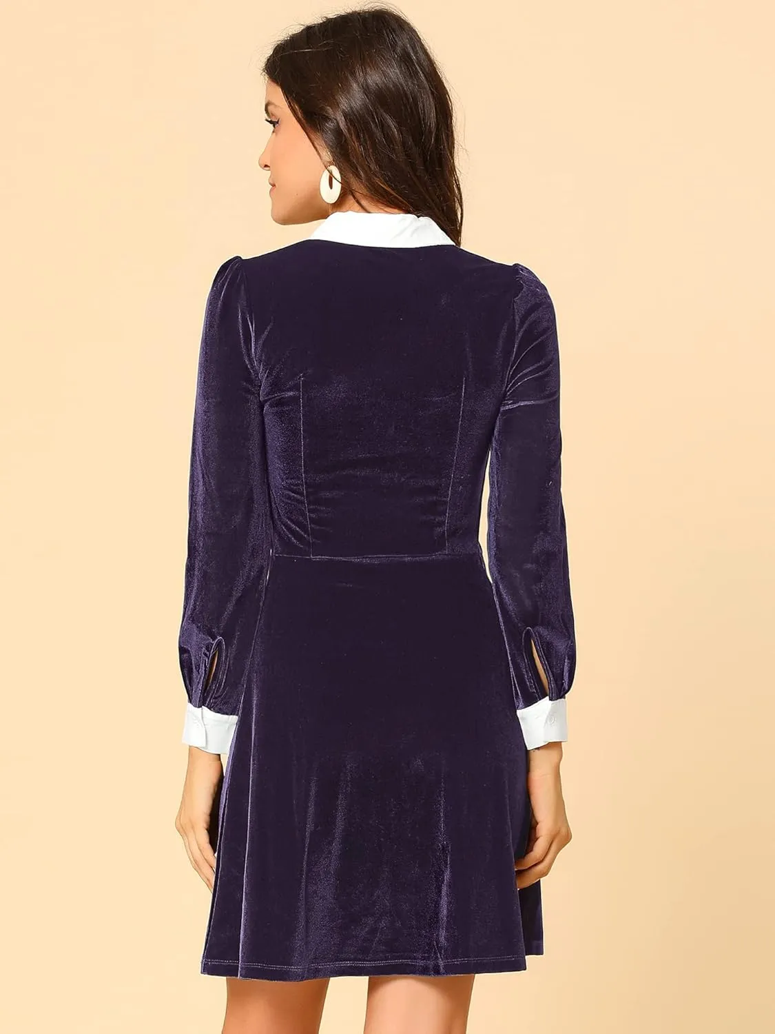 Allegra K Women's Halloween Velvet Long Sleeves Contrast Collar Casual Party A-Line Mini Dress