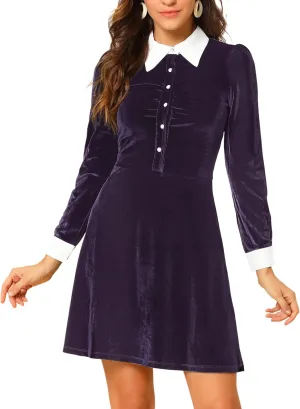 Allegra K Women's Halloween Velvet Long Sleeves Contrast Collar Casual Party A-Line Mini Dress