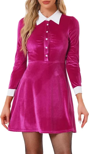 Allegra K Women's Halloween Velvet Long Sleeves Contrast Collar Casual Party A-Line Mini Dress