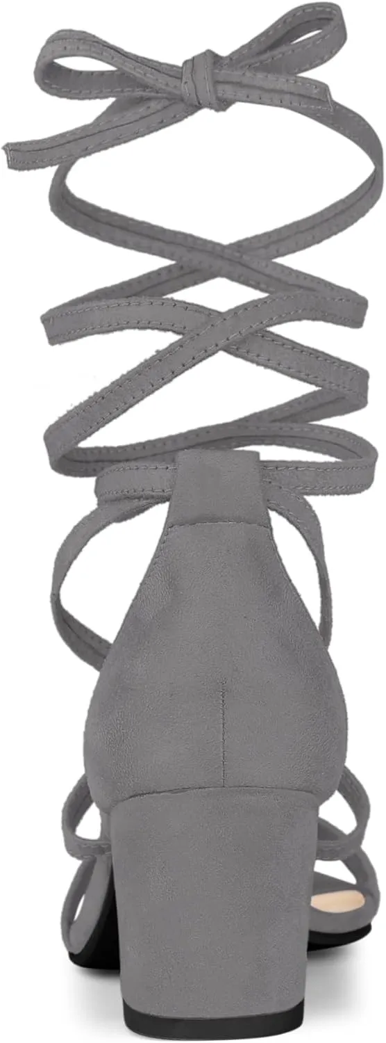 Allegra K Women's Open Toe Lace Up Mid Chunky Heeled Sandals