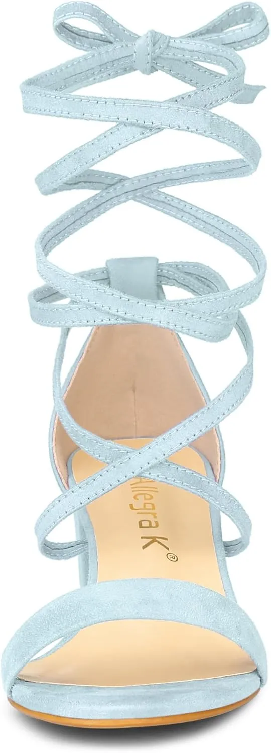 Allegra K Women's Open Toe Lace Up Mid Chunky Heeled Sandals