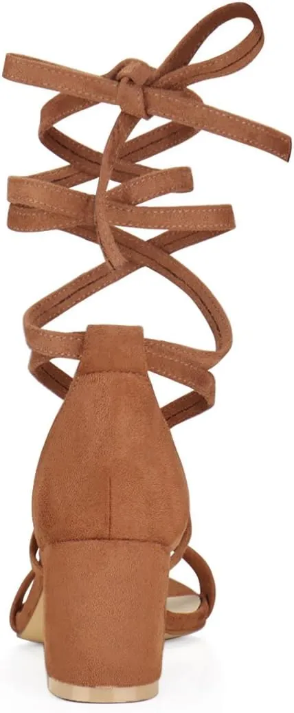 Allegra K Women's Open Toe Lace Up Mid Chunky Heeled Sandals