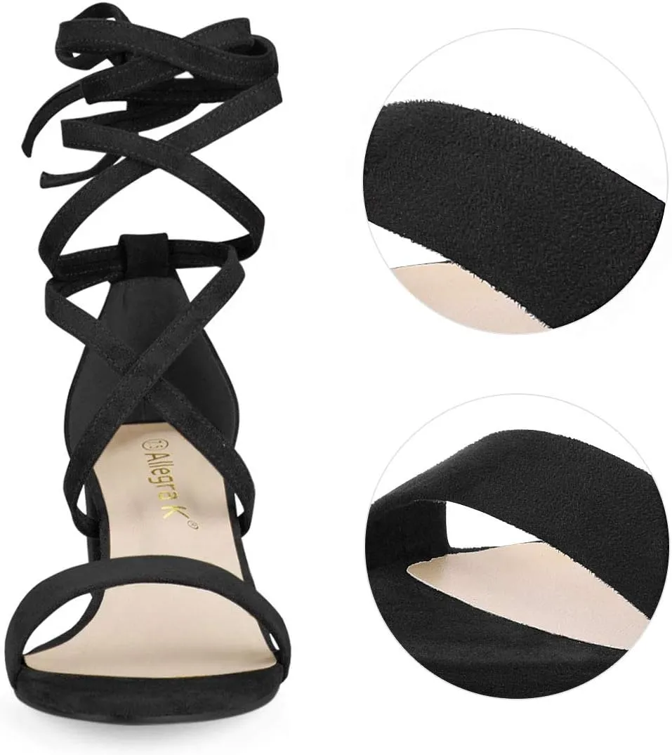 Allegra K Women's Open Toe Lace Up Mid Chunky Heeled Sandals