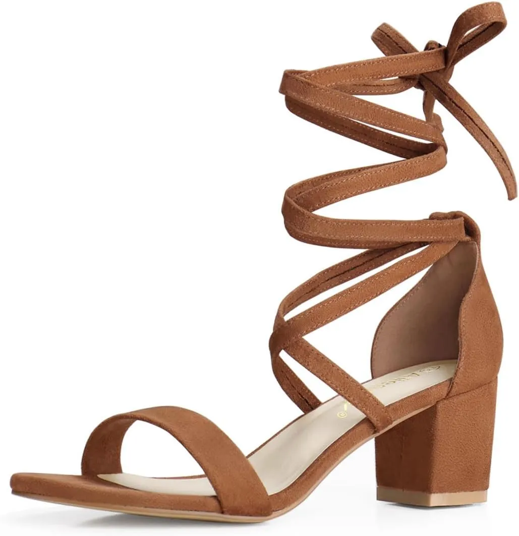 Allegra K Women's Open Toe Lace Up Mid Chunky Heeled Sandals