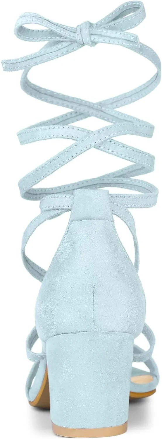 Allegra K Women's Open Toe Lace Up Mid Chunky Heeled Sandals