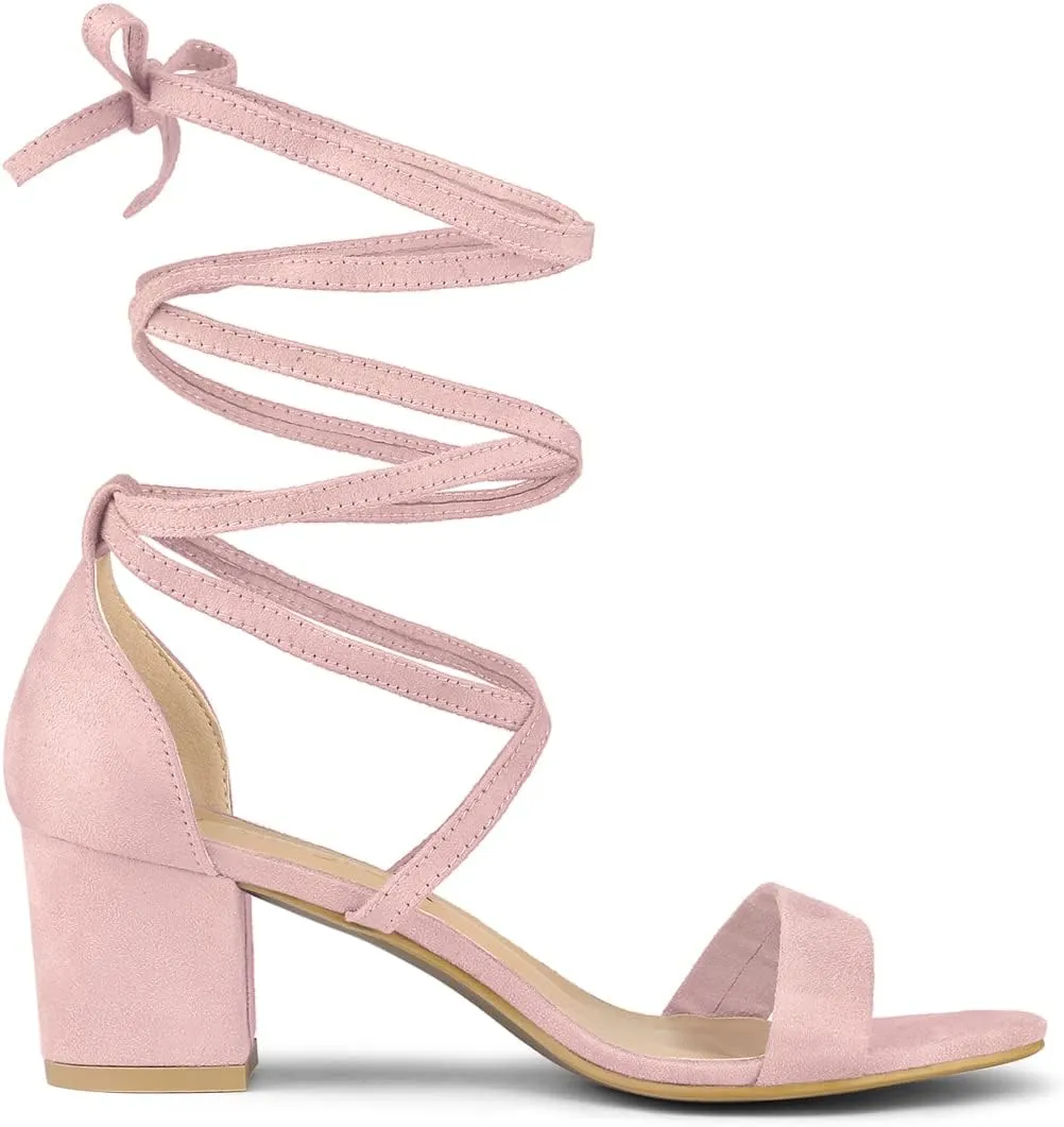 Allegra K Women's Open Toe Lace Up Mid Chunky Heeled Sandals