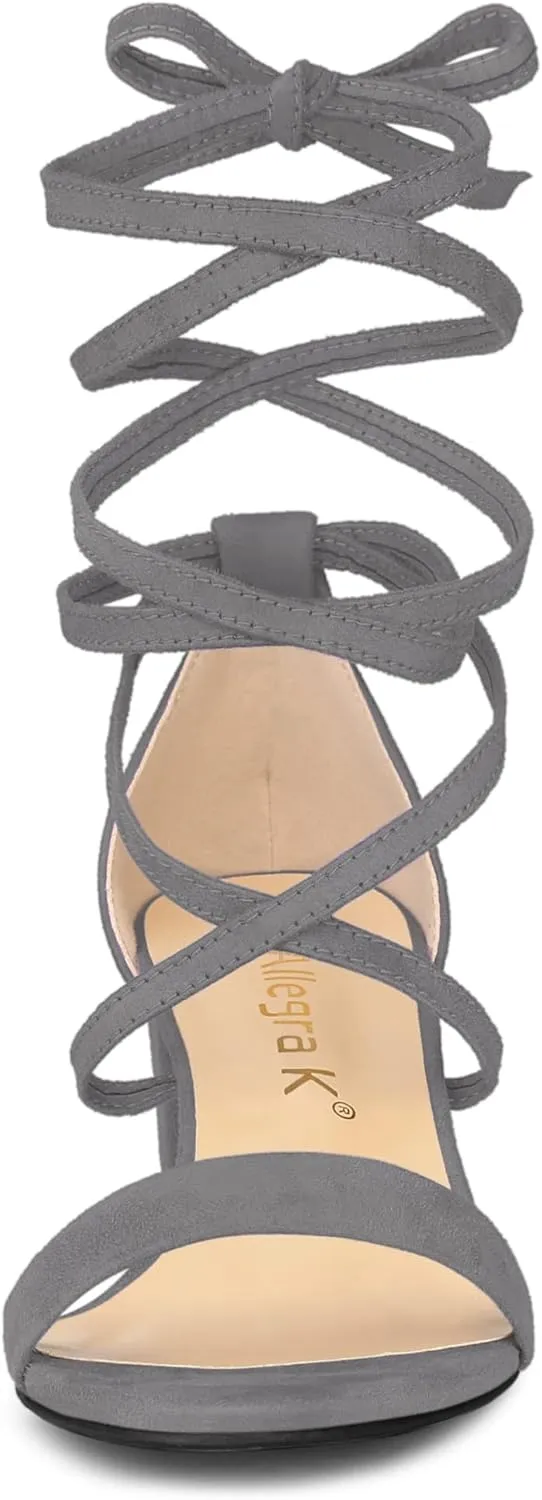 Allegra K Women's Open Toe Lace Up Mid Chunky Heeled Sandals