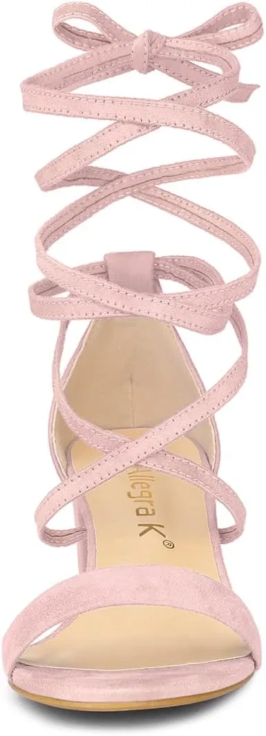 Allegra K Women's Open Toe Lace Up Mid Chunky Heeled Sandals