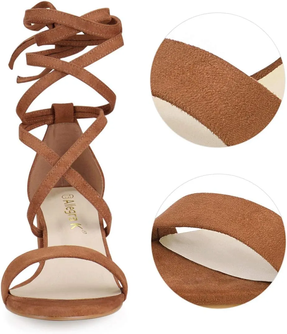Allegra K Women's Open Toe Lace Up Mid Chunky Heeled Sandals