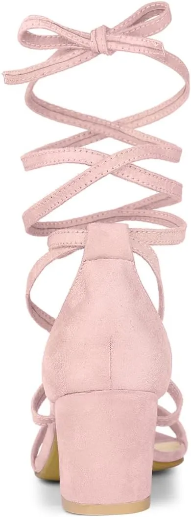 Allegra K Women's Open Toe Lace Up Mid Chunky Heeled Sandals
