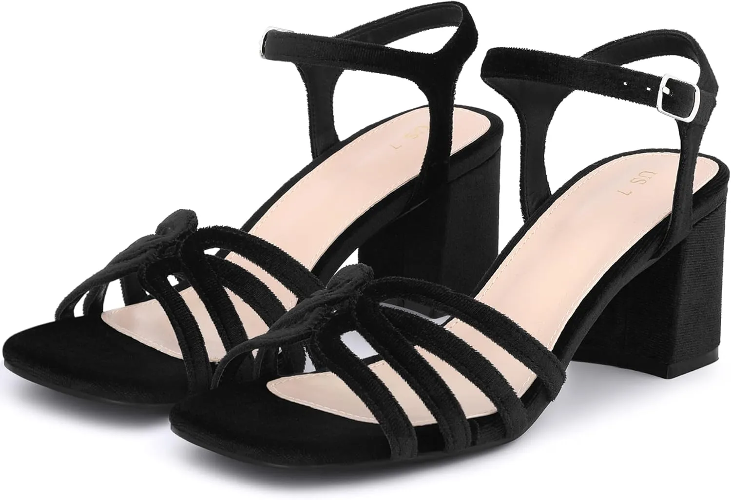 Allegra K Women's Square Toe Slingback Chunky Heels Velvet Sandals