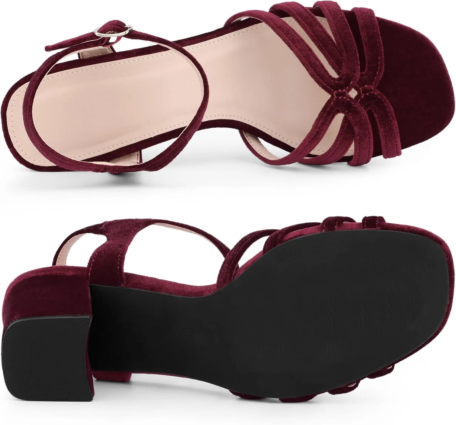 Allegra K Women's Square Toe Slingback Chunky Heels Velvet Sandals