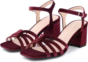 Allegra K Women's Square Toe Slingback Chunky Heels Velvet Sandals