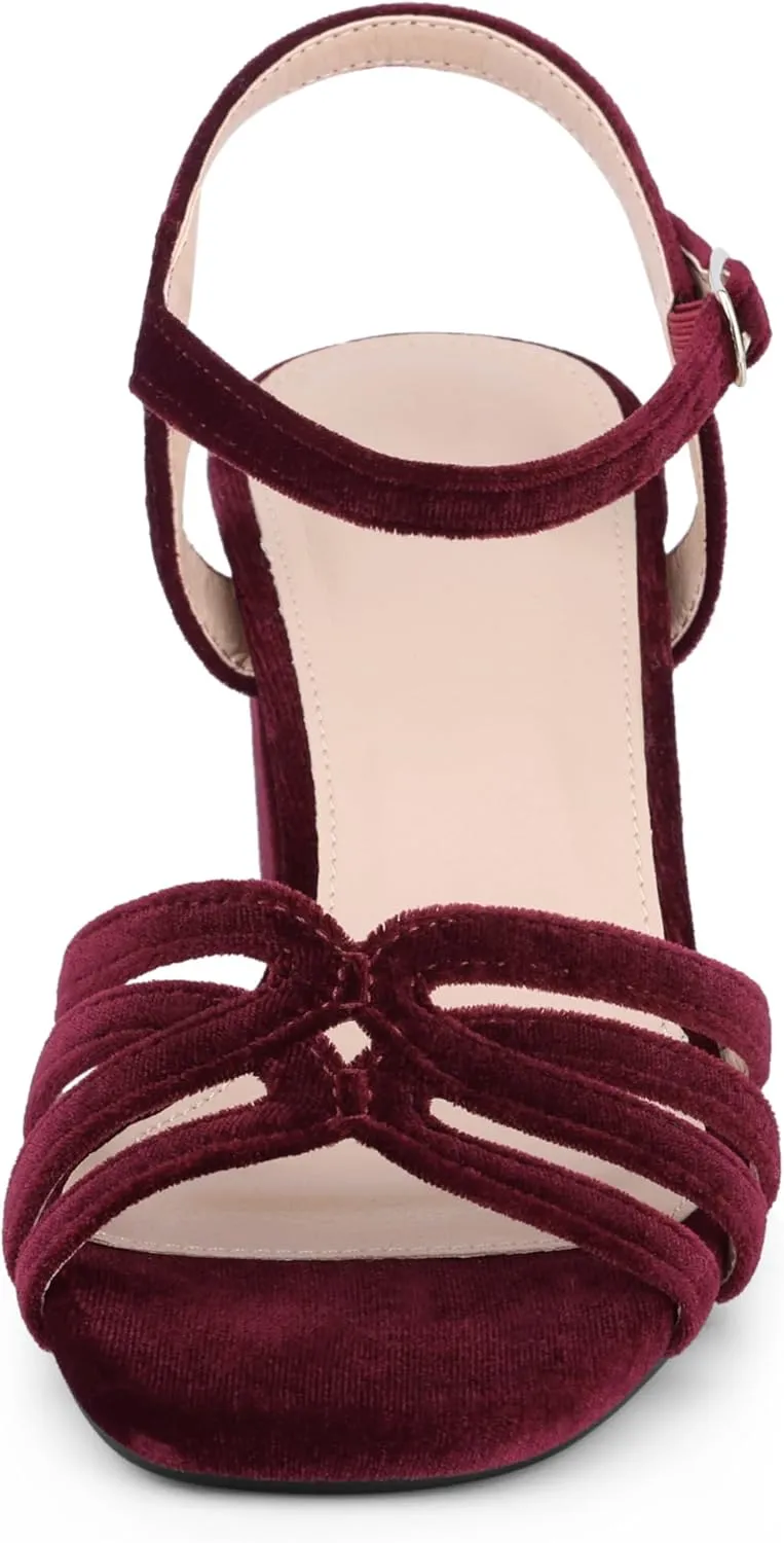 Allegra K Women's Square Toe Slingback Chunky Heels Velvet Sandals
