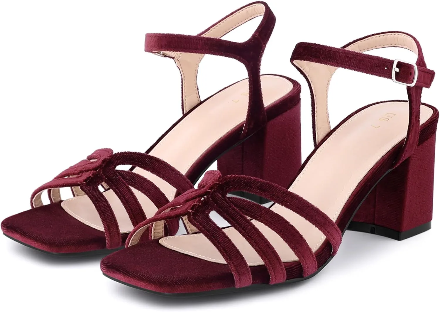 Allegra K Women's Square Toe Slingback Chunky Heels Velvet Sandals