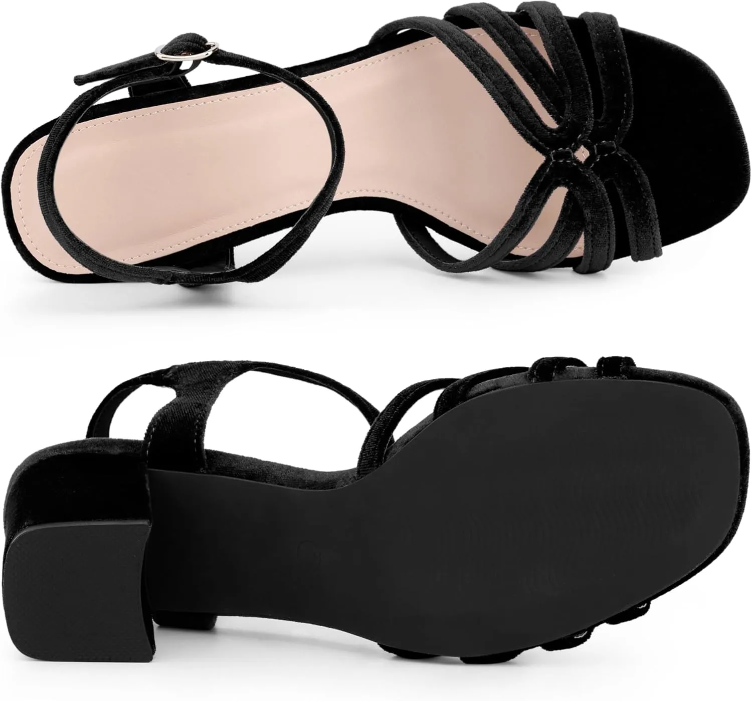 Allegra K Women's Square Toe Slingback Chunky Heels Velvet Sandals