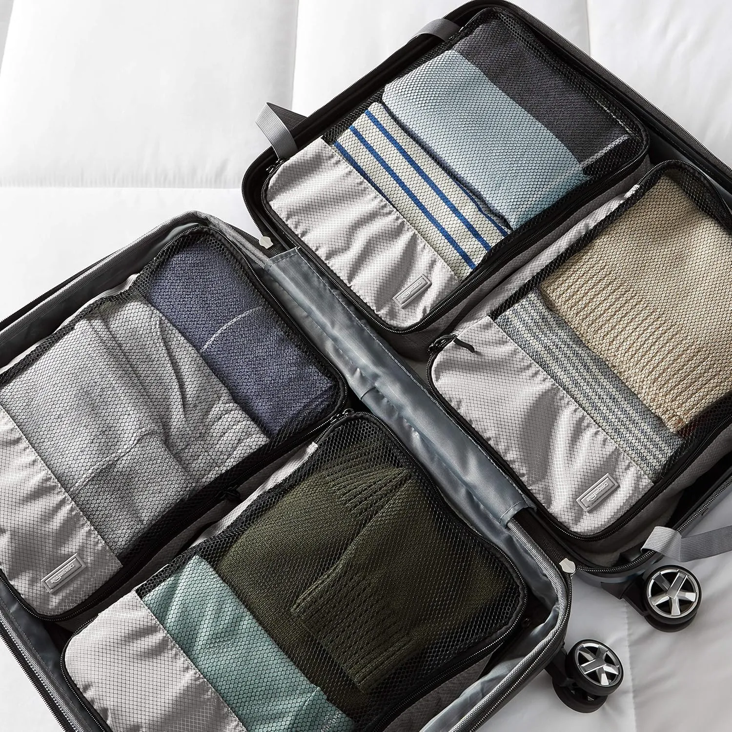 Amazon Basics Medium Packing Cubes for Travel, Packing Organizers, 4-Piece-Set With Double Zipper Pulls and Mesh Top Panel, 100% Durable Polyester, Gray, 13.8"L x 9.8"W x 3"H