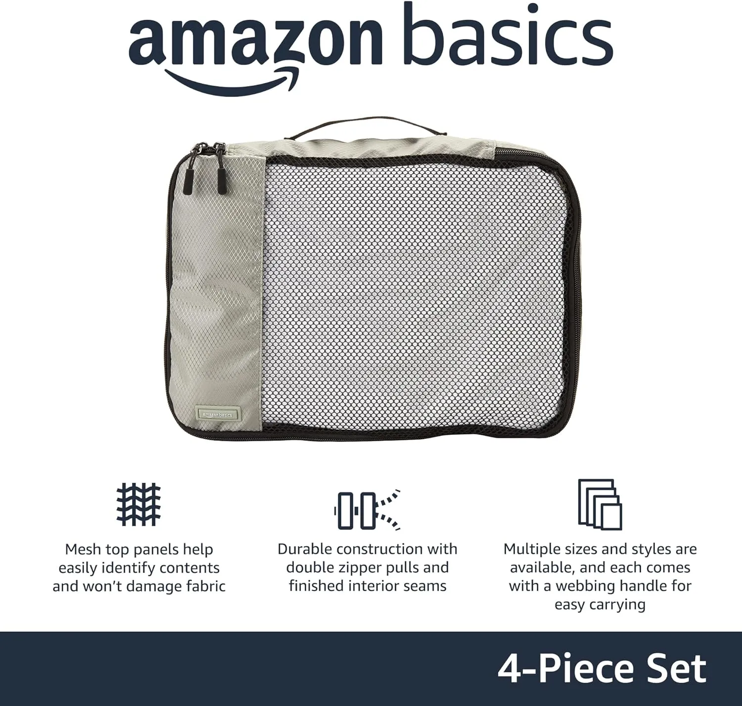 Amazon Basics Medium Packing Cubes for Travel, Packing Organizers, 4-Piece-Set With Double Zipper Pulls and Mesh Top Panel, 100% Durable Polyester, Gray, 13.8"L x 9.8"W x 3"H
