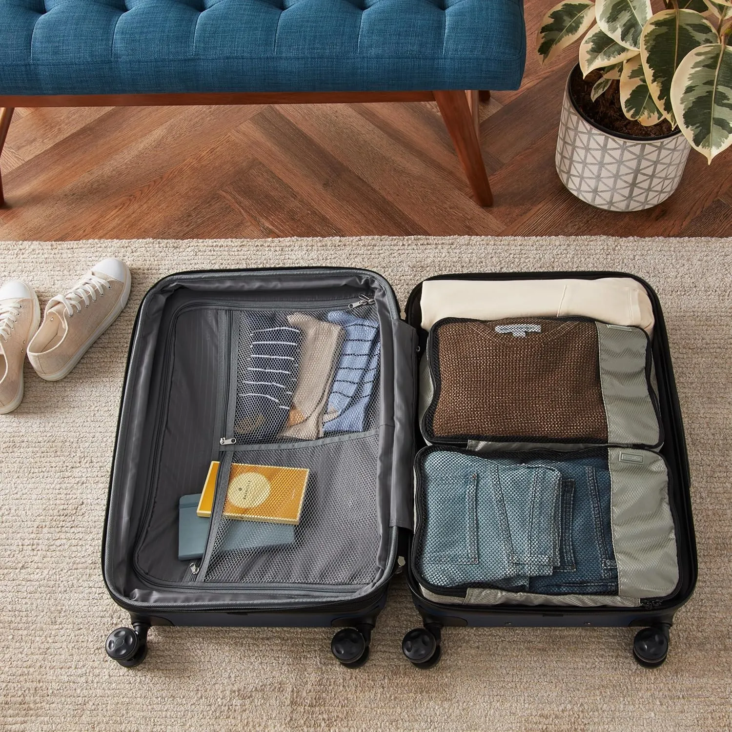 Amazon Basics Medium Packing Cubes for Travel, Packing Organizers, 4-Piece-Set With Double Zipper Pulls and Mesh Top Panel, 100% Durable Polyester, Gray, 13.8"L x 9.8"W x 3"H