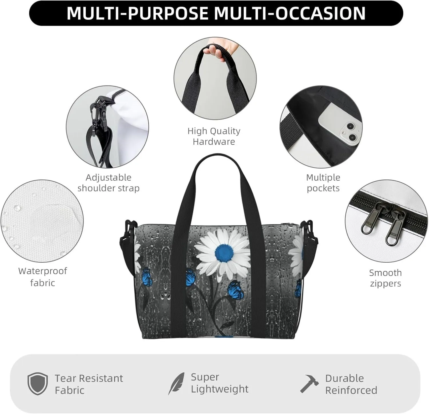 AMAZWI White Blue Daisy Hand Travel Bag For Men Women,Stylish Handheld Crossbody Travel Bag For Business Leisure Trave