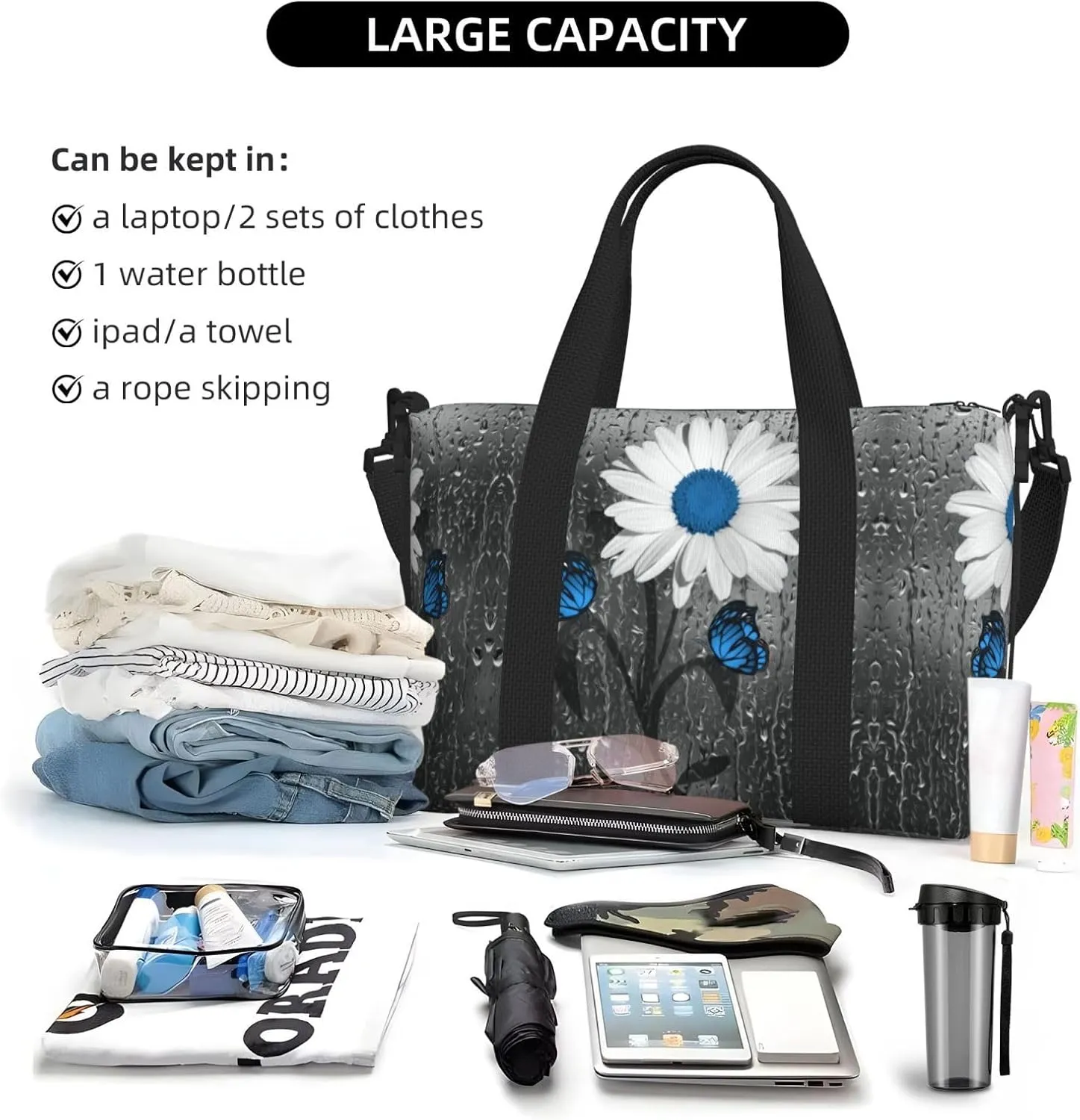 AMAZWI White Blue Daisy Hand Travel Bag For Men Women,Stylish Handheld Crossbody Travel Bag For Business Leisure Trave
