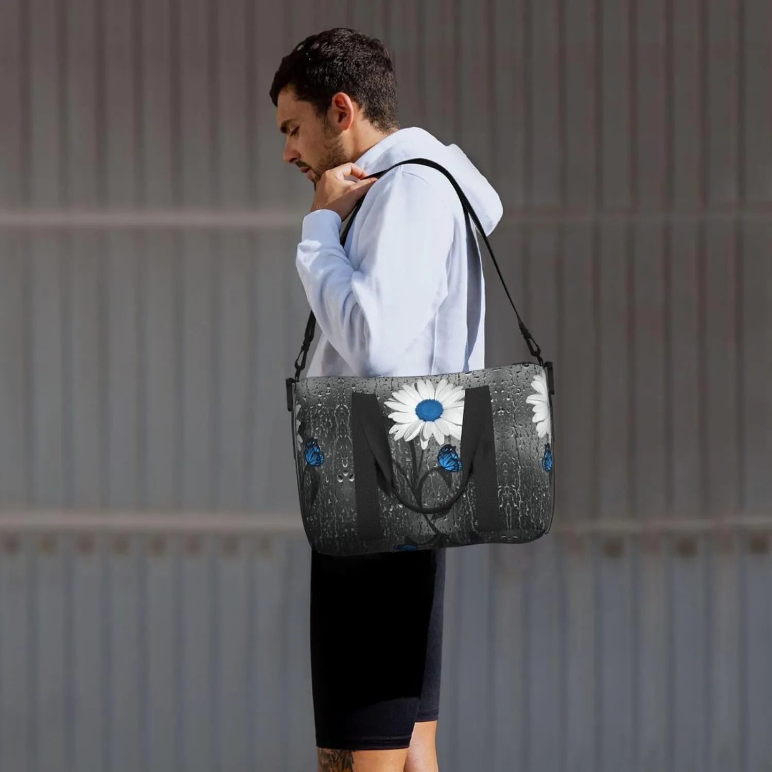 AMAZWI White Blue Daisy Hand Travel Bag For Men Women,Stylish Handheld Crossbody Travel Bag For Business Leisure Trave