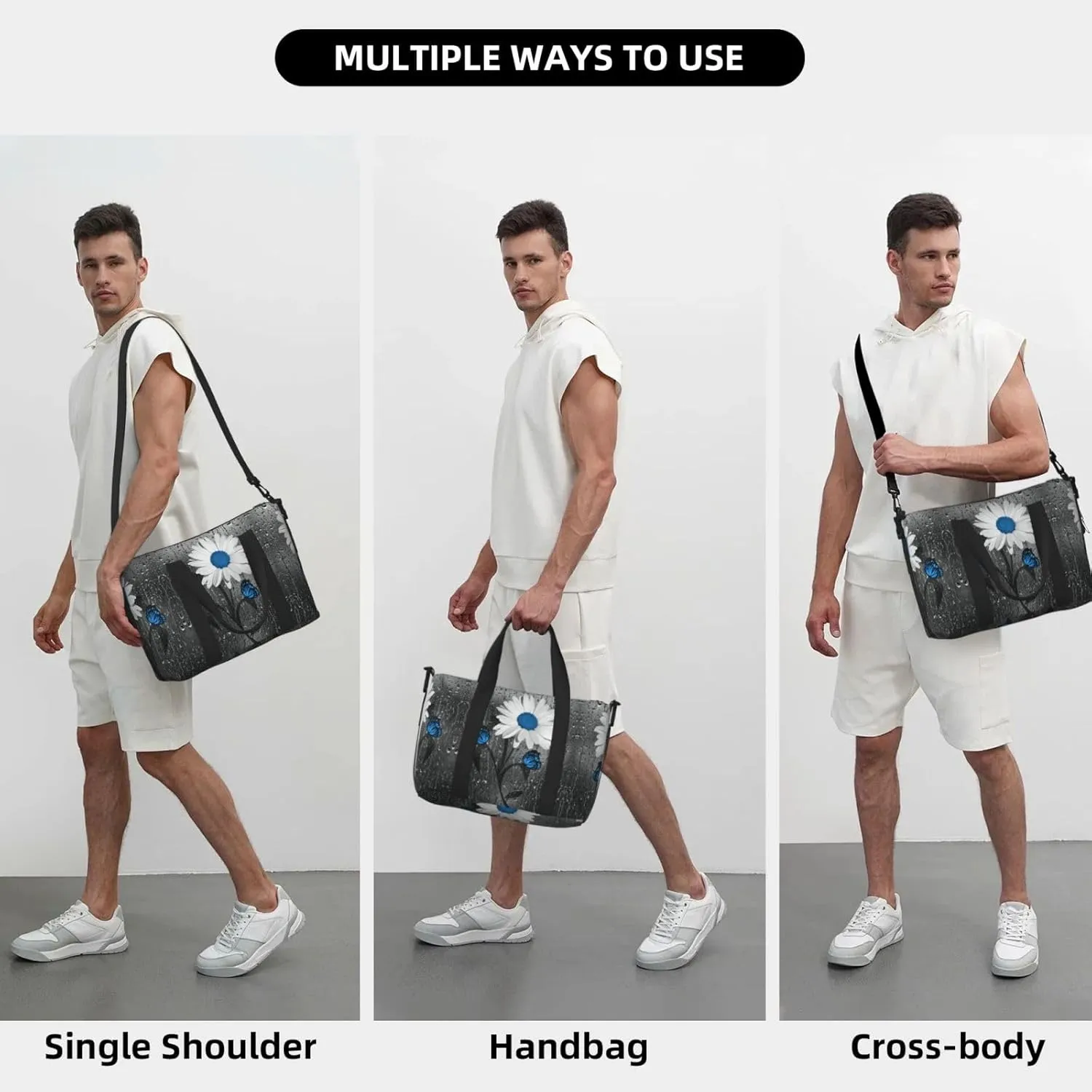 AMAZWI White Blue Daisy Hand Travel Bag For Men Women,Stylish Handheld Crossbody Travel Bag For Business Leisure Trave