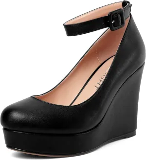 AMBELIGHT Womens Matte Solid Buckle Evening Dress Round Toe Platform Ankle Strap Wedge High Heel Pumps Shoes 4 Inch