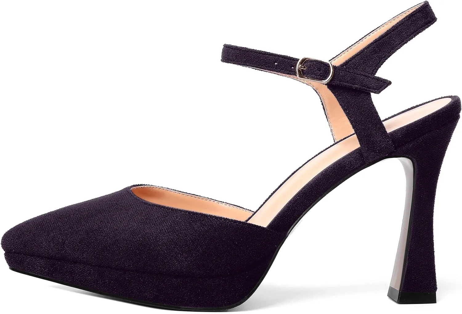AMBELIGHT Womens Platform Pointed Toe Ankle Strap Dress Buckle Dress Shoes Suede Evening Stiletto High Heel Pumps Shoes 4 Inch